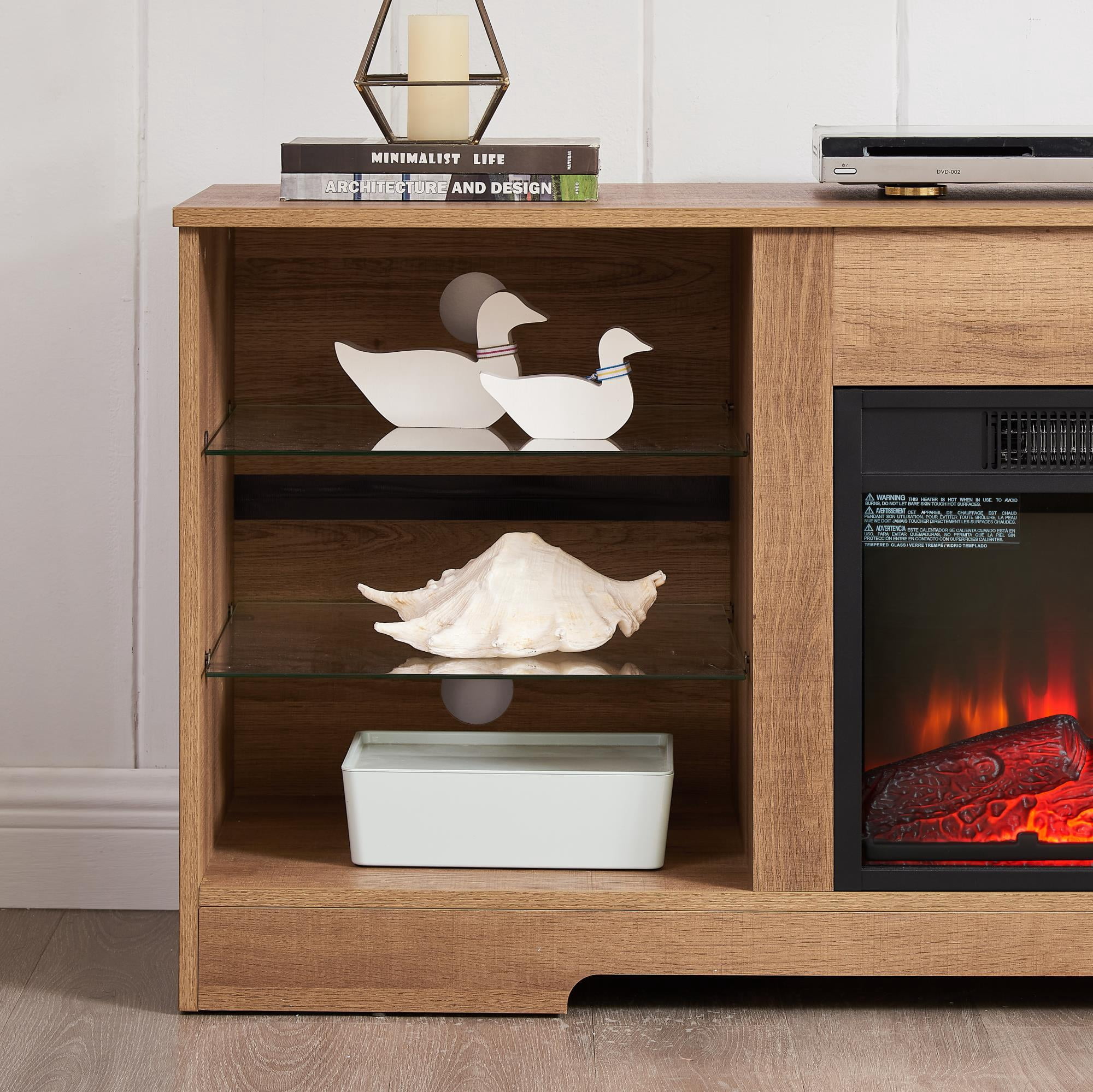 Homy Casa 58 Inch Electric Fireplace TV Stand for 65 Inch TV with Storage Cabinets, LED Flame and Power Outlets