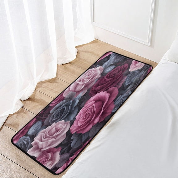 39x20 Inch Non-Slip Floor Mat Hallway Runner Rug Entrance Floor Mat Runner for Kitchen and Living Room Roses in Pink and Gray Tones