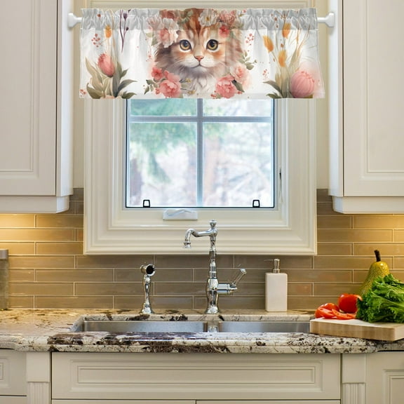 Cat Head Flowers Floral Curtain Valances Farmhouse Design Window Treatment Decor Blackout Rod Pocket for Windows Living Room Kitchen 54" x 18"
