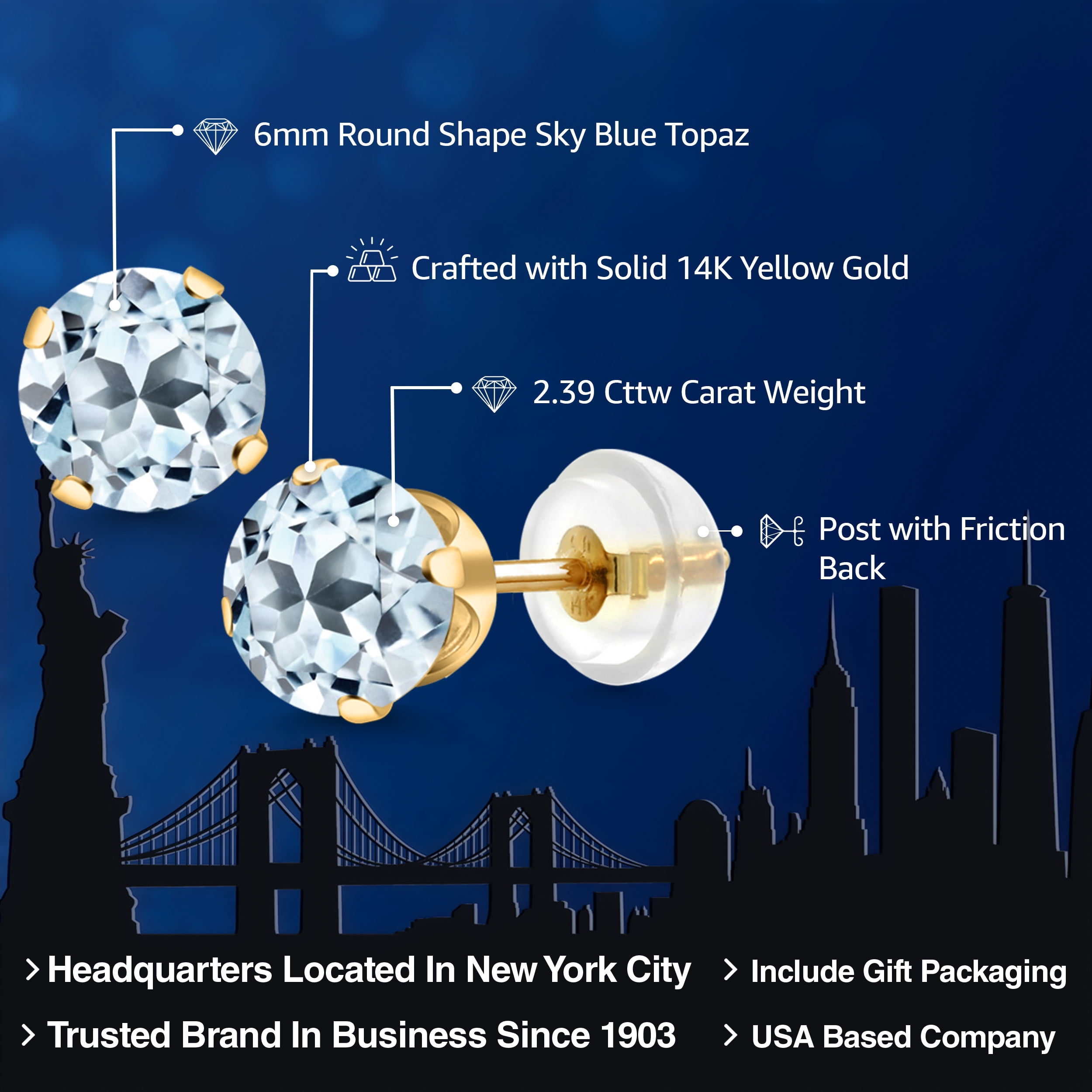 Gem Stone King 14K Yellow Gold Sky Blue Topaz Stud Earrings for Women Men (2.39 Cttw, Gemstone Birthstone, Round Cut 6MM)