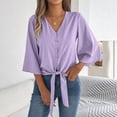 thumbnail image 4 of Vynhevius Womens 3/4 Sleeve Blouses V Neck Button Front Tie Hem Flared Solid Loose Casual Pullover Shirts, 4 of 8