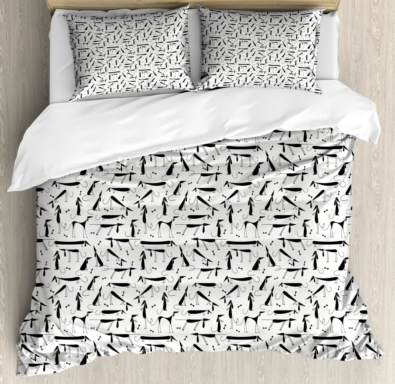 Dog Duvet Cover Set Dachshund Design Monochrome Animal Silhouette