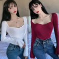 thumbnail image 3 of Mode Femmes Solide Col Carré Sexy Slim Sweat à Manches Longues Tops, 3 of 6