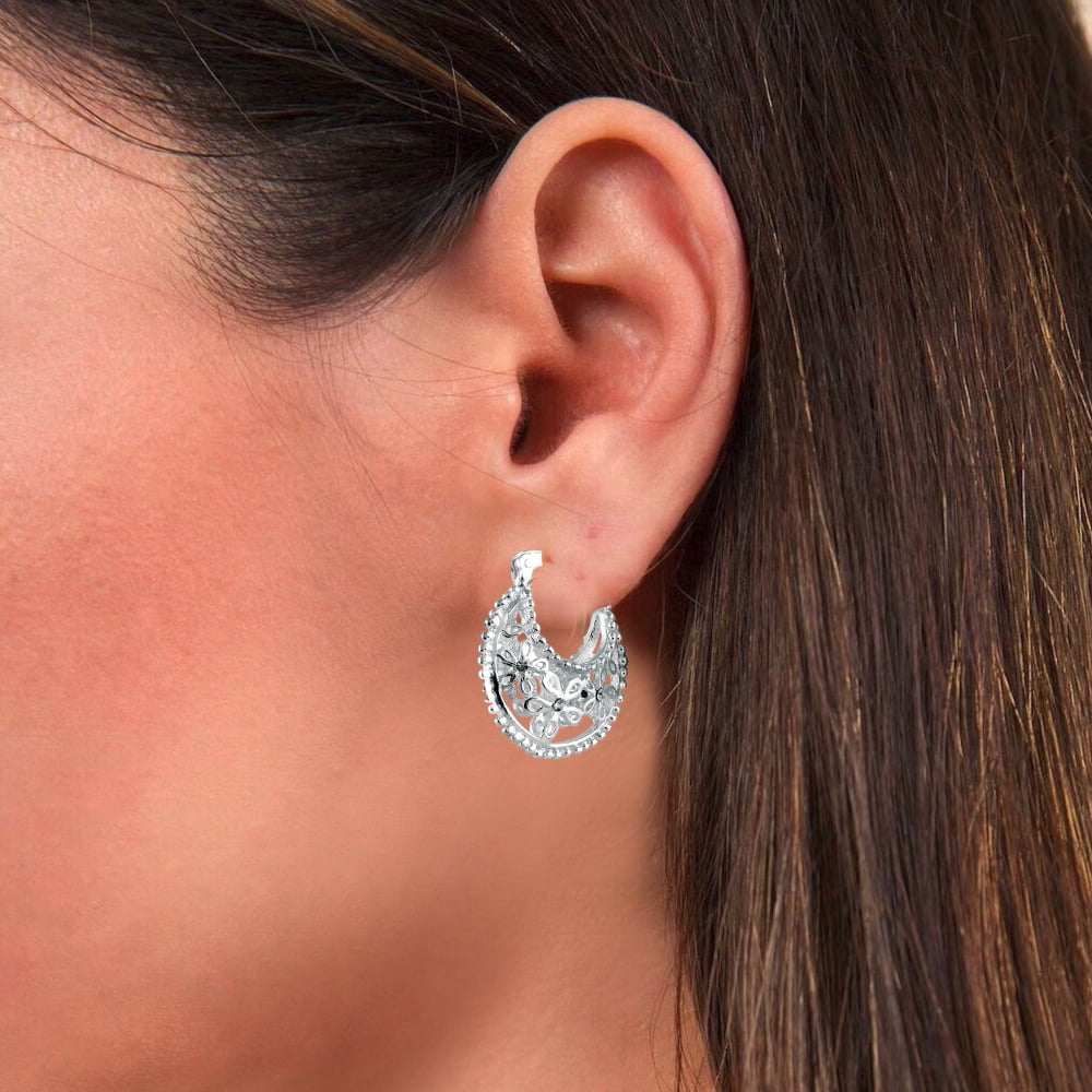 LeCalla 925 Sterling Silver Filigree Basket Hoop Earrings Cubic-Zirconia for Teen and Women 18MM