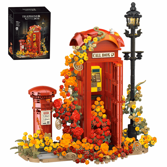 Honchoes London Telephone Booth Building Set with Light Compatible with Lego Flowers Architecture Home Office Decor 1142 Pcs