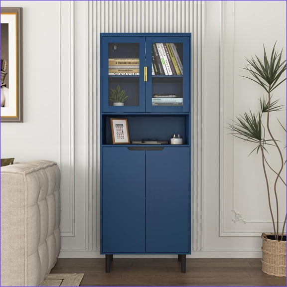 Tall Storage Cabinet with Tempered Glass Doors Adjustable Shelves | Navy Blue | MDF