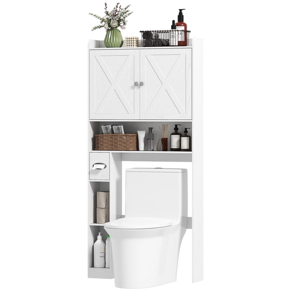 Farmhouse Over the Toilet Storage Cabinet with X-Shaped Barn Doors, Distressed White Bathroom Organizer with Adjustable Shelf & Paper Roll Holder, 32.1" W x 67.7" H