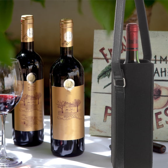 Phenofice Black Felt Wine Bottle Tote Bag Holder Case 1-Pack for Holiday Gifting and Picnic Carrying