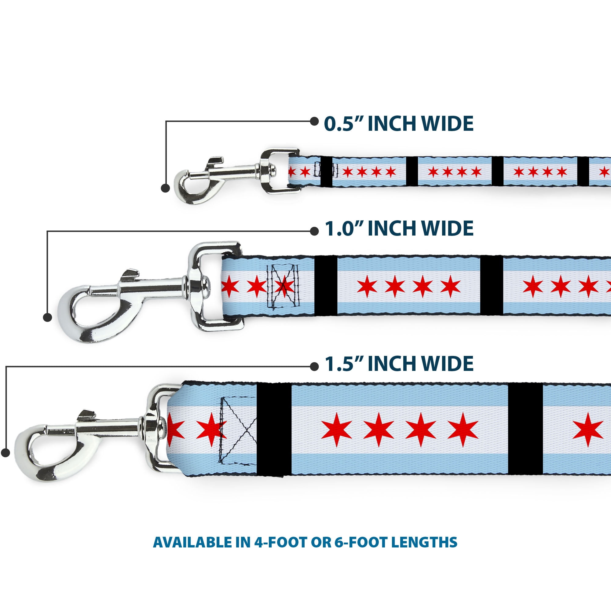 Buckle-Down Pet Leash, Dog Leash, Chicago Flags Black, 6 Feet Long 1.0 Inch Wide