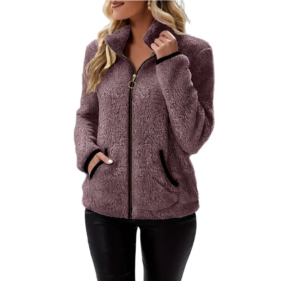 Ecqkame Women's Sherpa Fleece Jackets Stand Collar Full Zip Long Sleeve Pockets Jackets Casual Warm Soft Comfy Fall Winter Outerwear Purple L