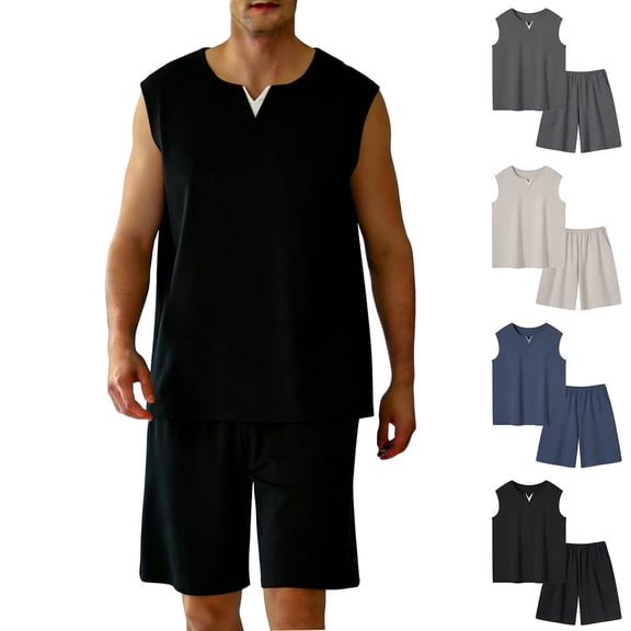 CHUMUD Shorts Sets for Men 2 Piece Outfits Cotton Tracksuits Summer Matching Set Sleeveless Tank Top Elastic Waist Shorts Set Casual Athletic (Avail for Big & Tall)