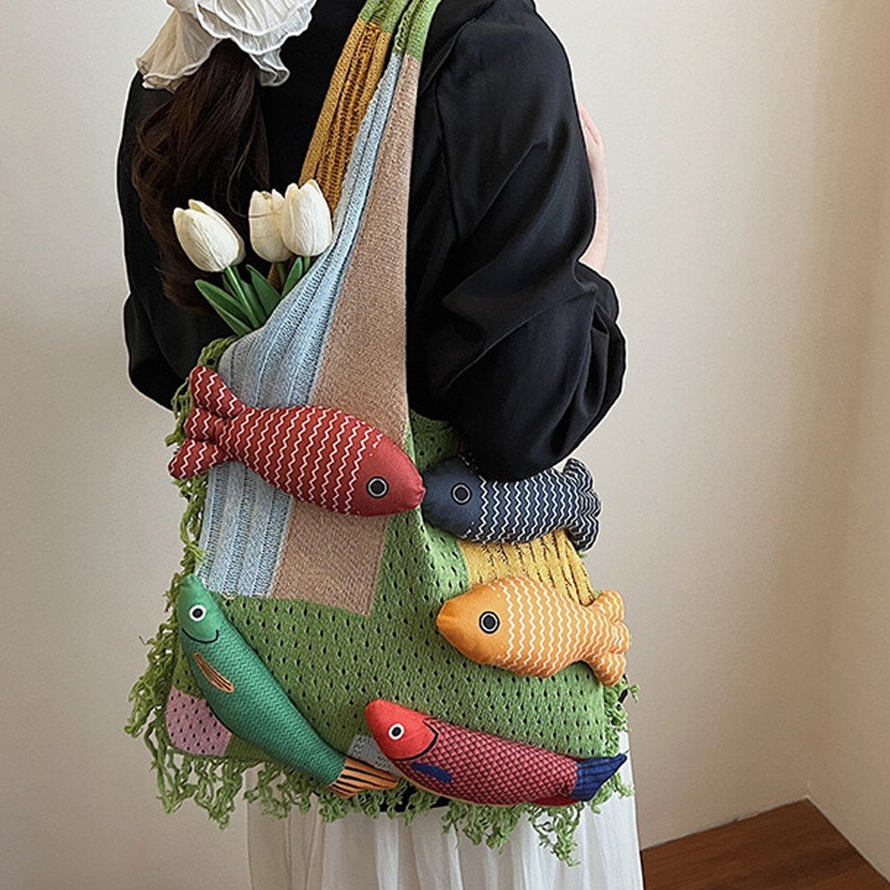 Jiibva Crochet Beach Shoulder Bag for Women Summer Tote handbags Shoulder Boho Bag with Handmade Fish for Summer Vacation