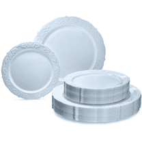 " OCCASIONS " 100 Plates Pack,(50 Guests) Vintage Wedding Party Disposable Plastic Plates Set -50x10.25'' Dinner 50x7.5'' Salad/Dessert Plate (Portofino Plain Blue)