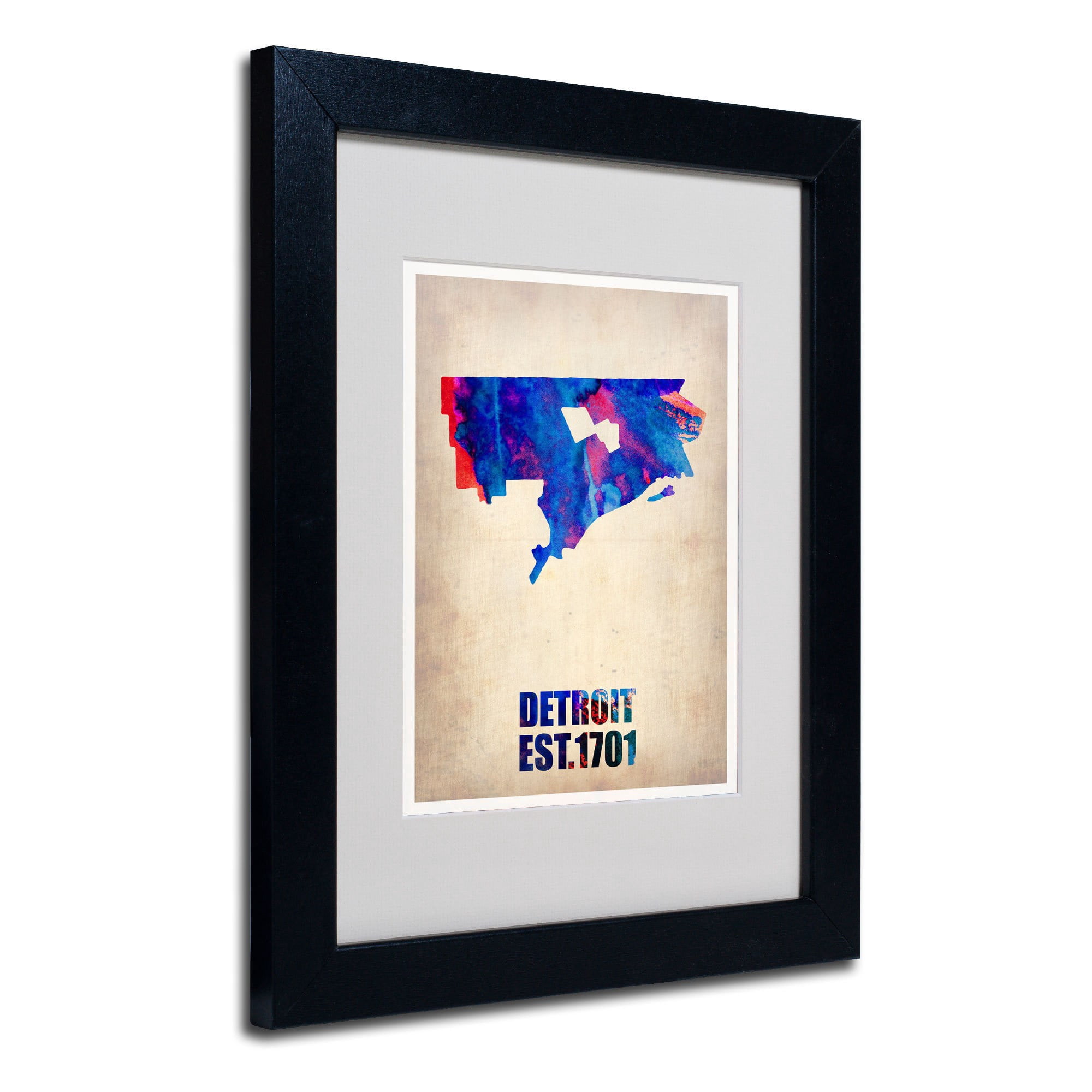 Trademark Fine Art "Detroit Watercolor Map" Matted Framed Art by Naxart, Black Frame