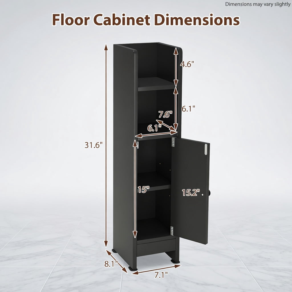 Spaco Black Slim Bathroom Corner Cabinet, 1 Door & Adjustable Shelves with Fall Guard