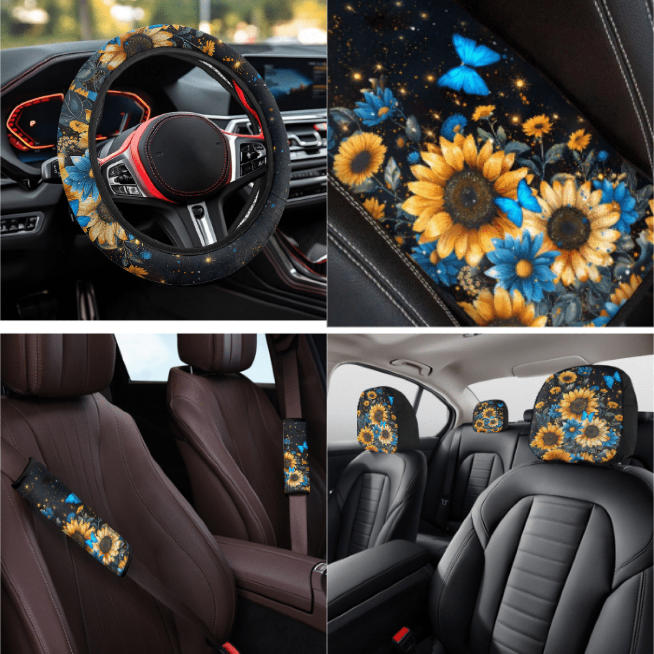 HUIACONG Butterfly Sunflowers Car Seat Cover Set, with Car Seat Covers Steering Wheel Cover Key Fob Vehicle Armrest Protection Cushion Front Back Seat Covers