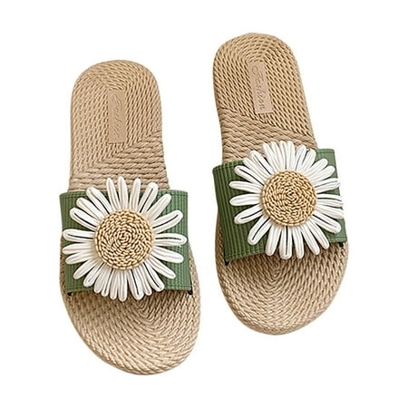 Women s Bohemian Flowers Flat Sandals  Women Beach Slippers Slip On Fashion Flat Slippers Open Toe Summer Sandals Peep Toe Imitation Straw Shoes Non-Slip Outdoor Soft Sole Slippers