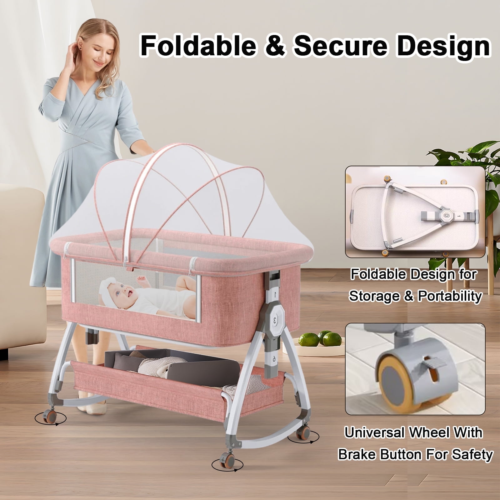 LUOLUO 4-in-1Baby Bassinet, Infant Bedside Crib with Storage Basket & Wheel & Changing Table, 6 Gear Adjustable Height, for 0-36 Months, Pink