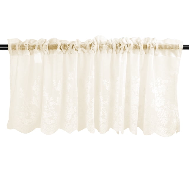 Injueey Cortina de ventana de encaje Jacquard moderna, cenefa de encaje con dobladillo, cortina corta de café para cocina, puerta de armario, Decoración del hogar Beige 130x41