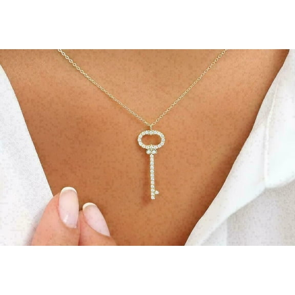 1.20Ct Round Cut Lab Created Diamond Key Shape Women's Pendant 14K Yellow Gold Plated Free Chain 18"
