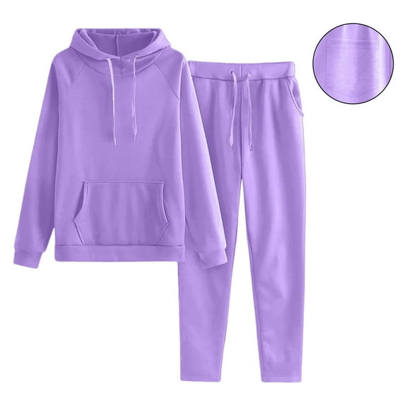 Roncen Women's Solid Color Casual Sweatshirt and Sweatpants Set with Hood and Drawstring Waist