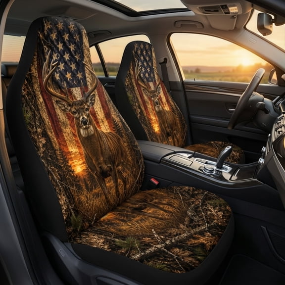 Emacom Ltd_American Deer Hunter Car Seat Covers, Whitetail Buck USA Flag Camouflage Auto Seat Protectors