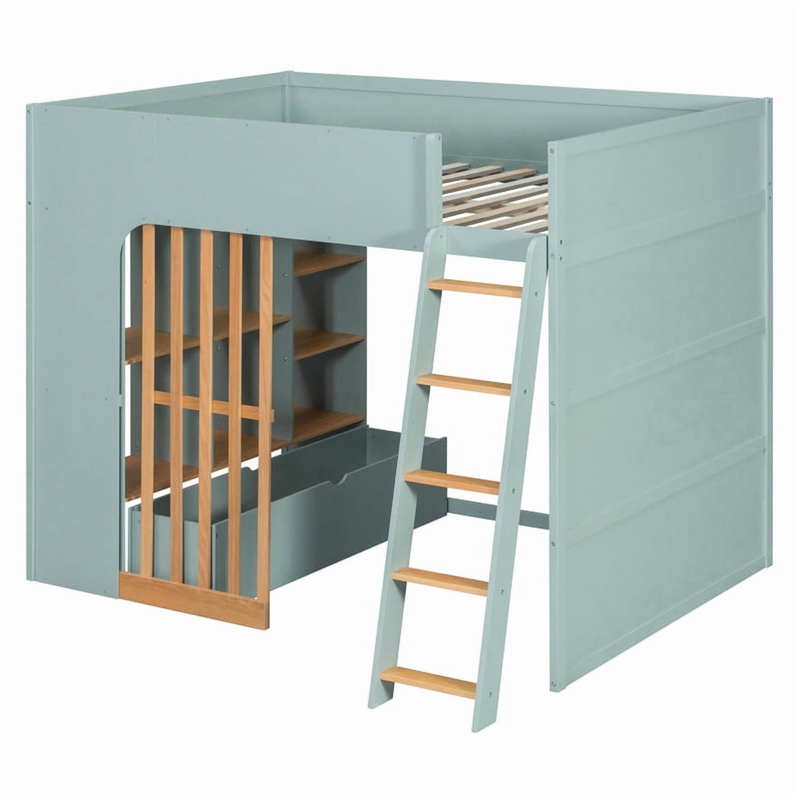 Full Size Kids Loft Bed with Shelves, Wooden High Profile Teens Storage Bed Frame with Ladder and Removable Large Drawer