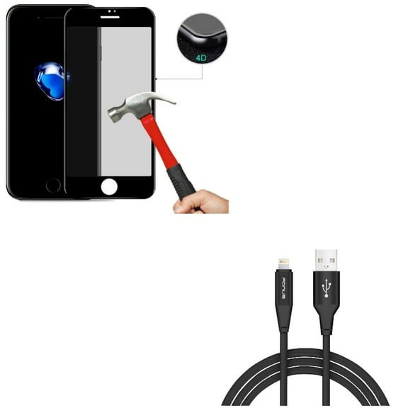 iPhone 8/7/6S/6 - Tempered Glass Privacy Screen Protector w Charger Cord 6ft USB Cable - Curved Anti-Spy Anti-Peep 4D Edge Case Friendly, Power Wire Braided Long Sync for iPhone 8/7/6S/6