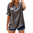 thumbnail image 3 of TAGOLD Womens Short Sleeve V Neck Blouses Shirts Solid Color V Neck Button Satin Pullover Summer Casual Top, 3 of 5