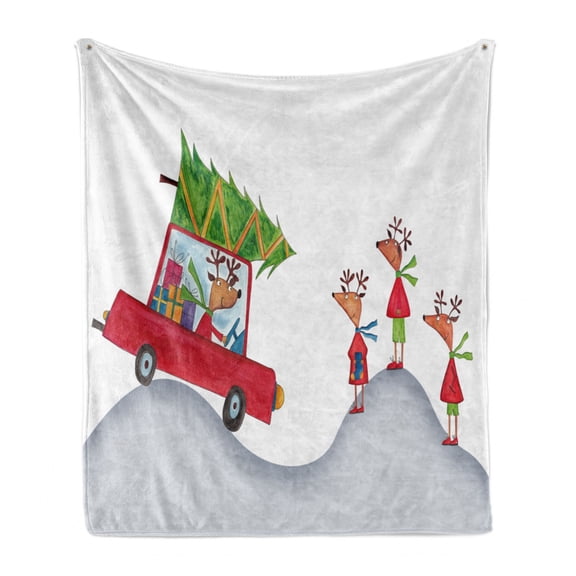 Christmas Soft Flannel Fleece Throw Blanket, Reigndeer Family Father in Retro Red Car and Tree Kids Doodle Drawing Artwork, Cozy Plush for Indoor and Outdoor Use, 50" x 60", Grey White, by Ambesonne