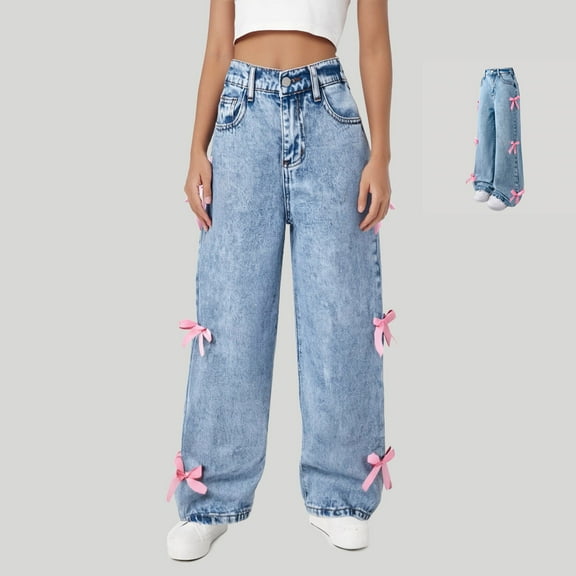 Girls Wide Leg Denim Pants High Waist Stretch Jeans with Bow 5-14 Years