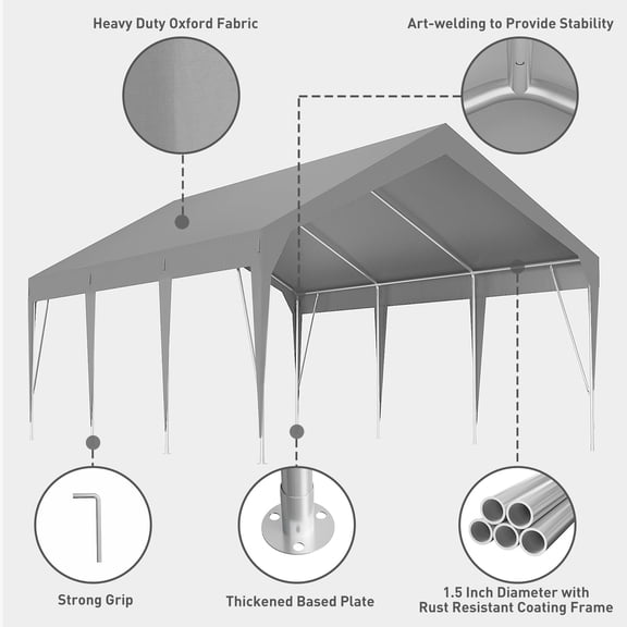 Acekid Heavy Duty Carport 12X20 FT, Waterproof UV-Resistant Portable Garage Shelter, Gray