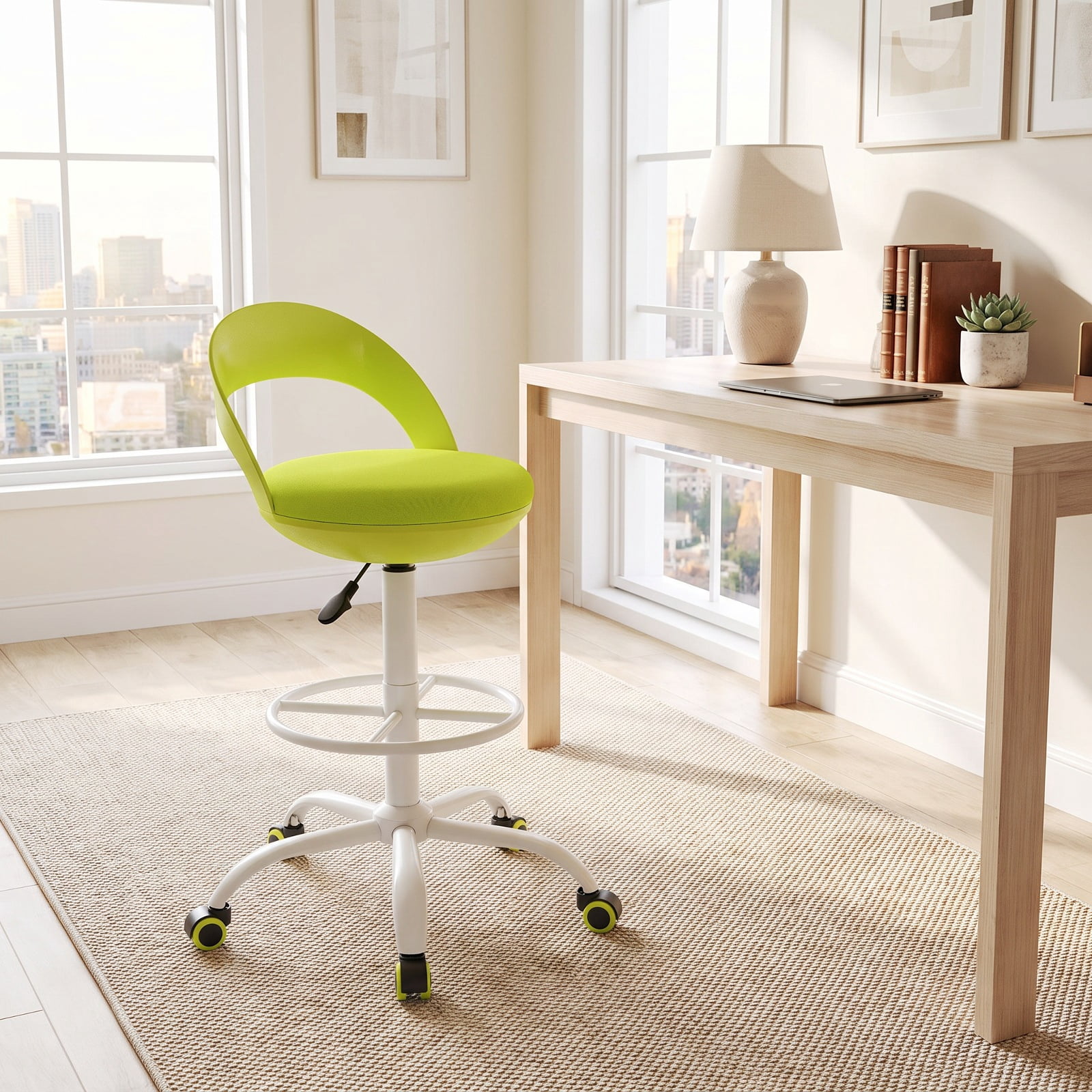 Furnibear Drafting Stool Rolling Tall Desk Chair with Wheels for Home Office Study Desk Computer Task, Green