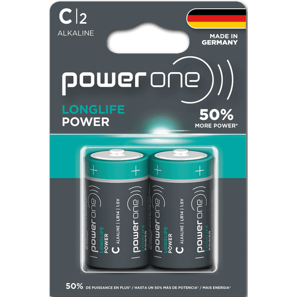 POWER ONE LONGLIFE POWER C Battery Pack of 2 Long Performing Alkaline Batteries Made in Germany With Up To 10 Years Shelf Life