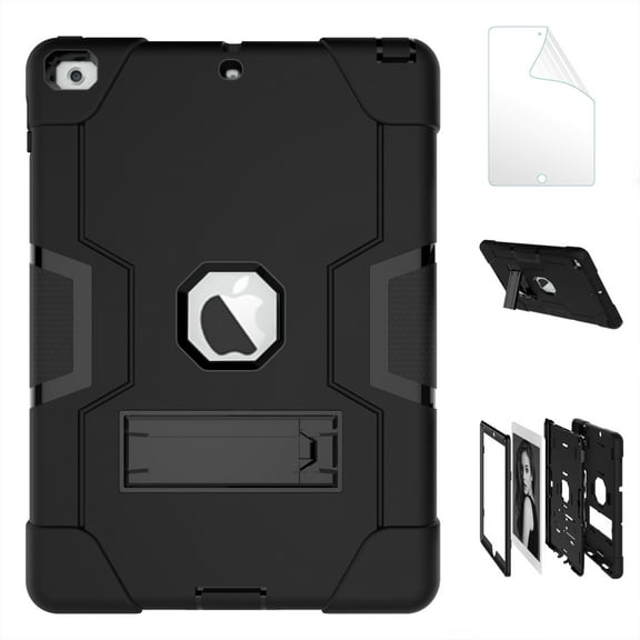 iPad 5th/ 6th Generation Case, New iPad 9.7 inch 2017/2018 Shockproof Kickstand Cover with HD Screen Protector Film - Black