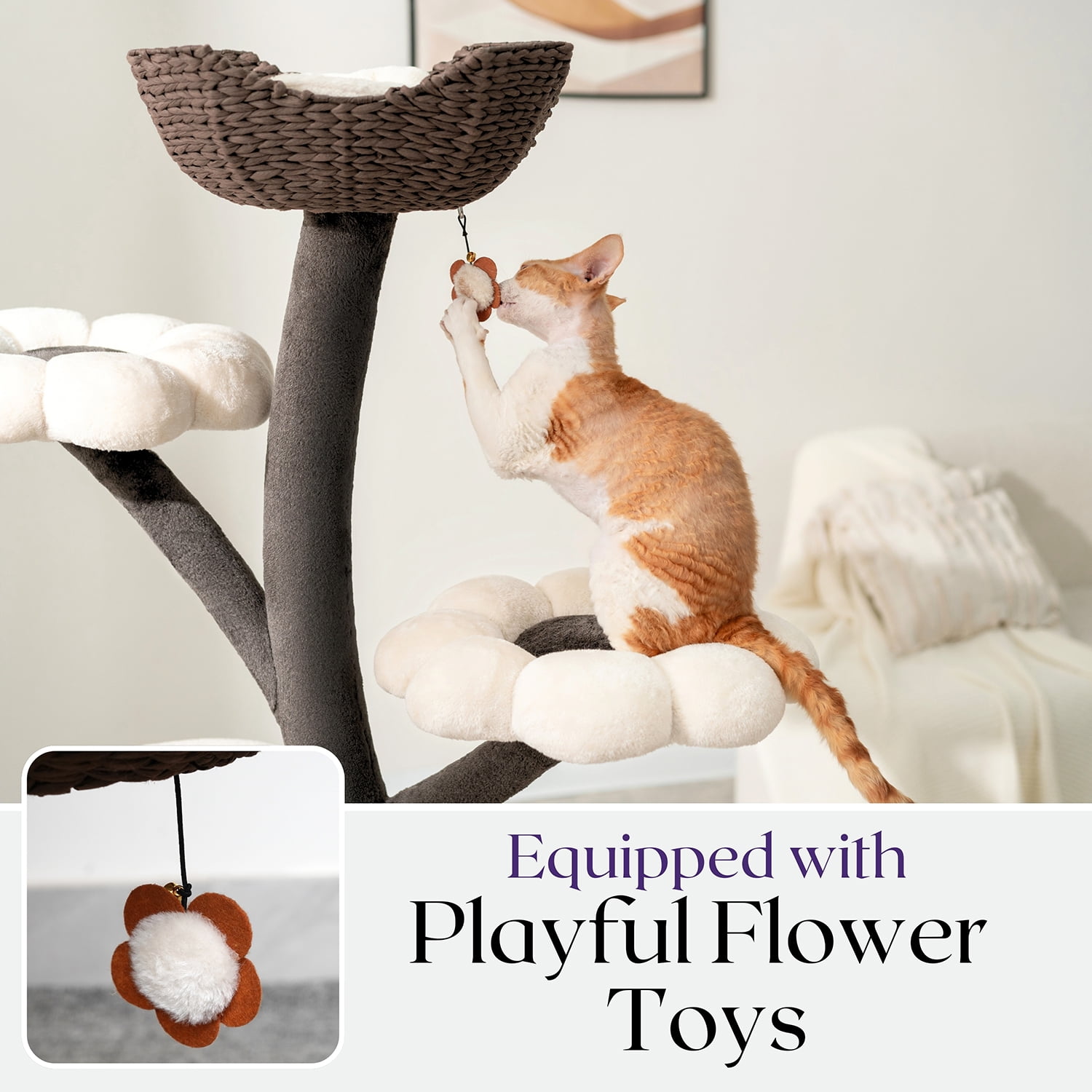 Catry Kitty Play Tower 6-Level Multi-Activity Cat Tree with Flower Perches and Handwoven Baskets