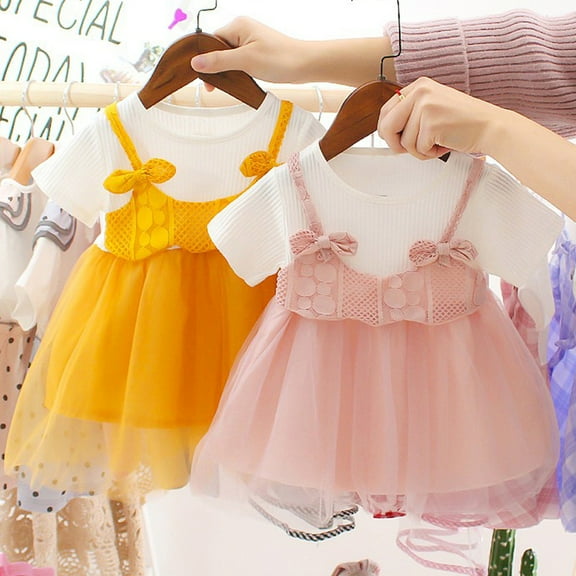 Gyratedream Baby Girls Short Sleeve Striped Lace Tulle Princess Dress Bowknot Sundress Summer Dress, Pink