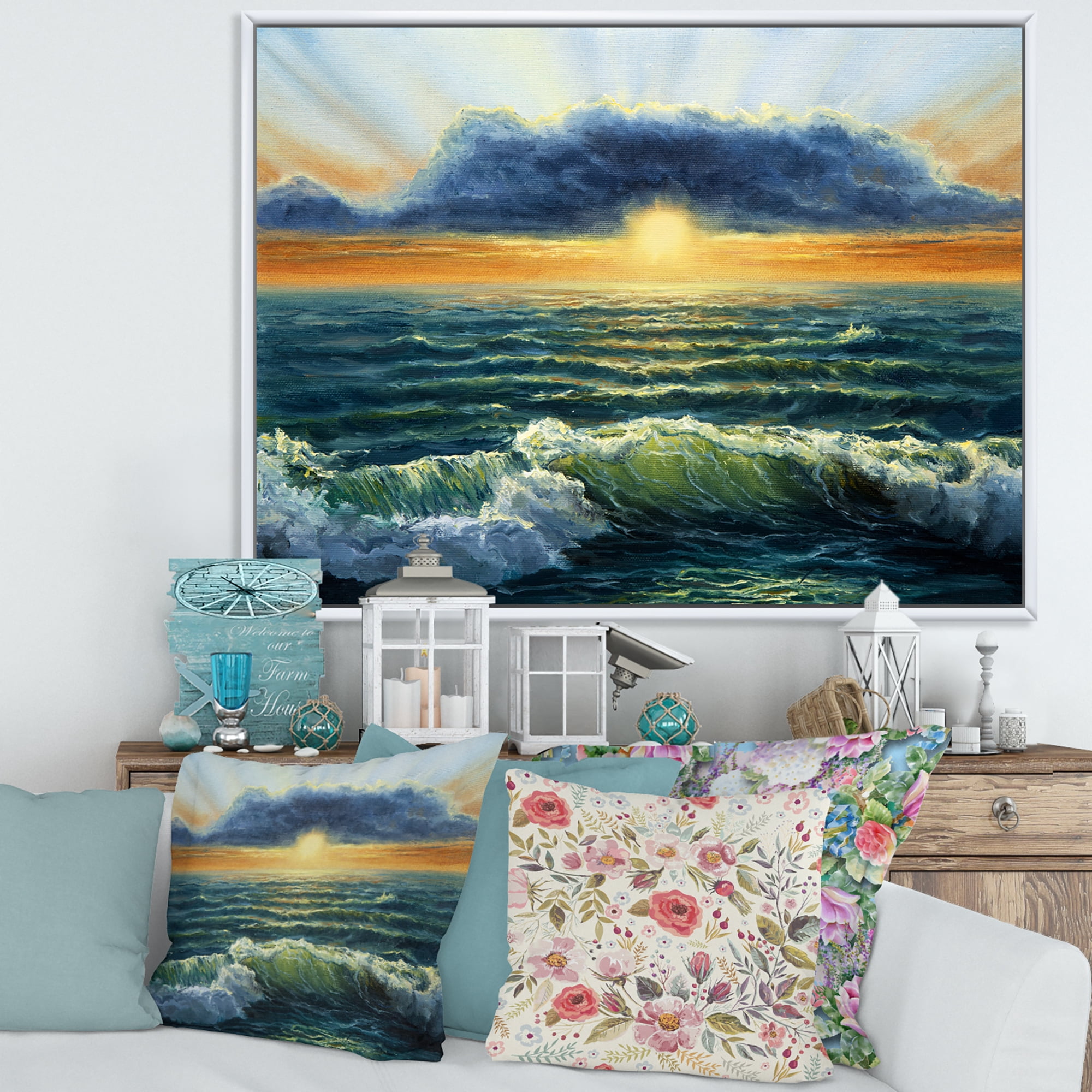 Designart 'The Blue Ocean In Sunset Evening I' Nautical & Coastal Framed Canvas Wall Art Print