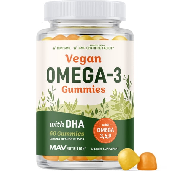 Omega 3 6 9   DHA Gummies | Plant-Based Triple Omegas From Algae & Chia Seed Oil | With 50mg of DHA | Essential Fatty Acid Supplements for Adults | 60 Ct