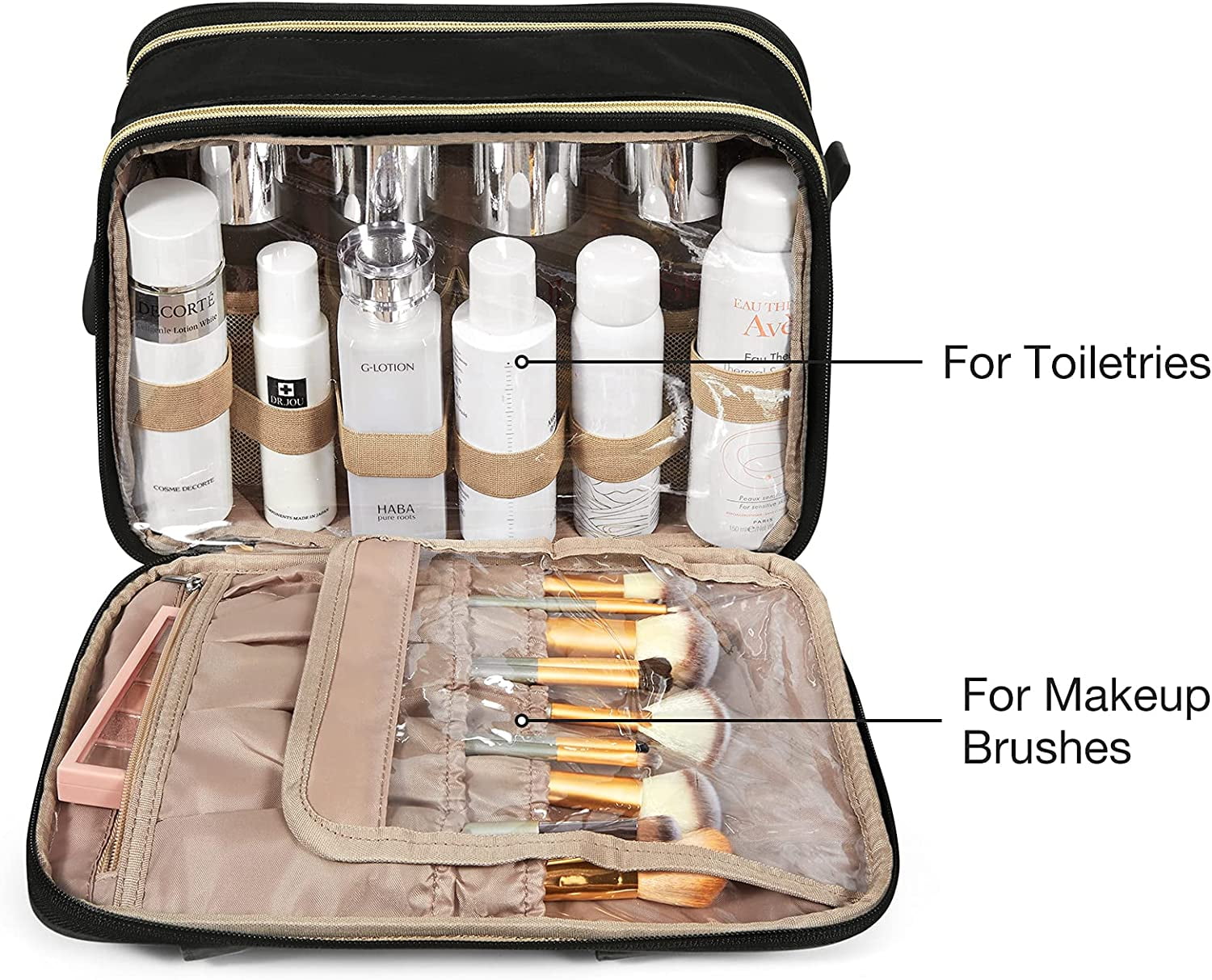 Large Toiletry Bag, Travel Makeup Organizer, Water-resistant Makeup Cosmetic Bag Door Room Essentials Travel Bag for Accessories, Shampoo, Full Sized Container, Toiletries (Black, Large)