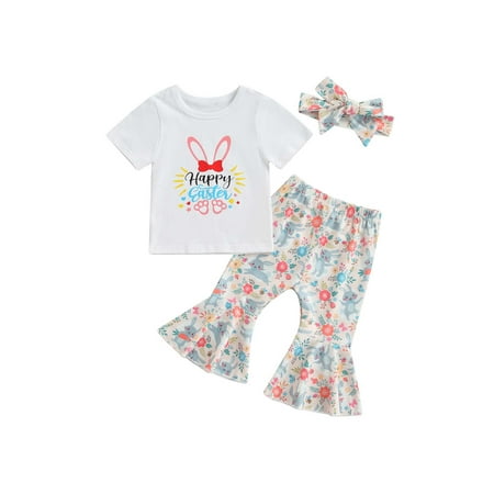 

Sunisery Easter Toddler Baby Girls 3Pcs Clothes Outfit Shorts Sleeve Printed Tops Floral Print Flare Pants Headband White 6-12 Months