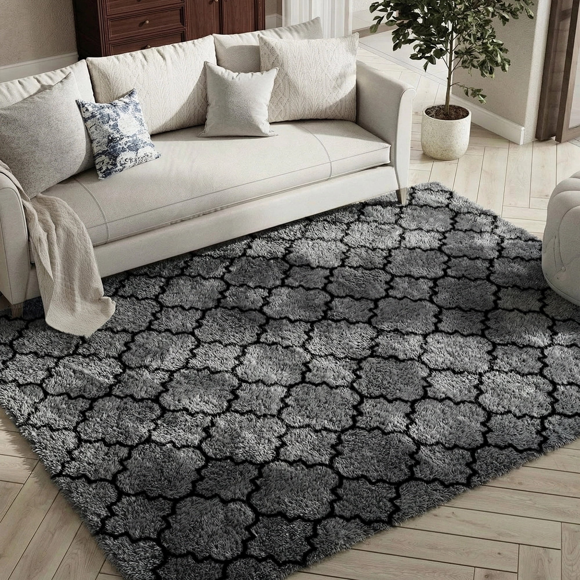 Pentantan Shag Area Rug, 5ft x 8ft Geometric Soft Fluffy Rugs for Living Room Bedroom Indoor Carpet, Gray & Black