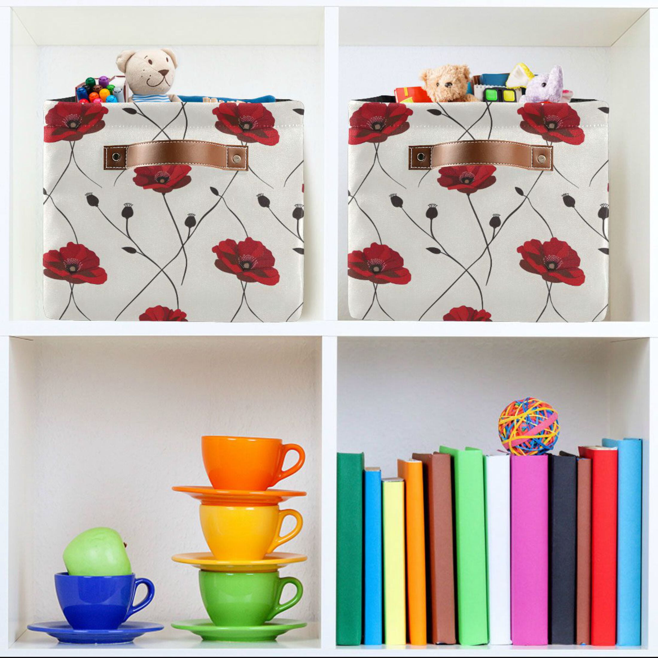 Poppies Flower Storage Bins with Handle Fabric Organizer Basket Foldable Box 2 Pack 14.2x10.2x8.3