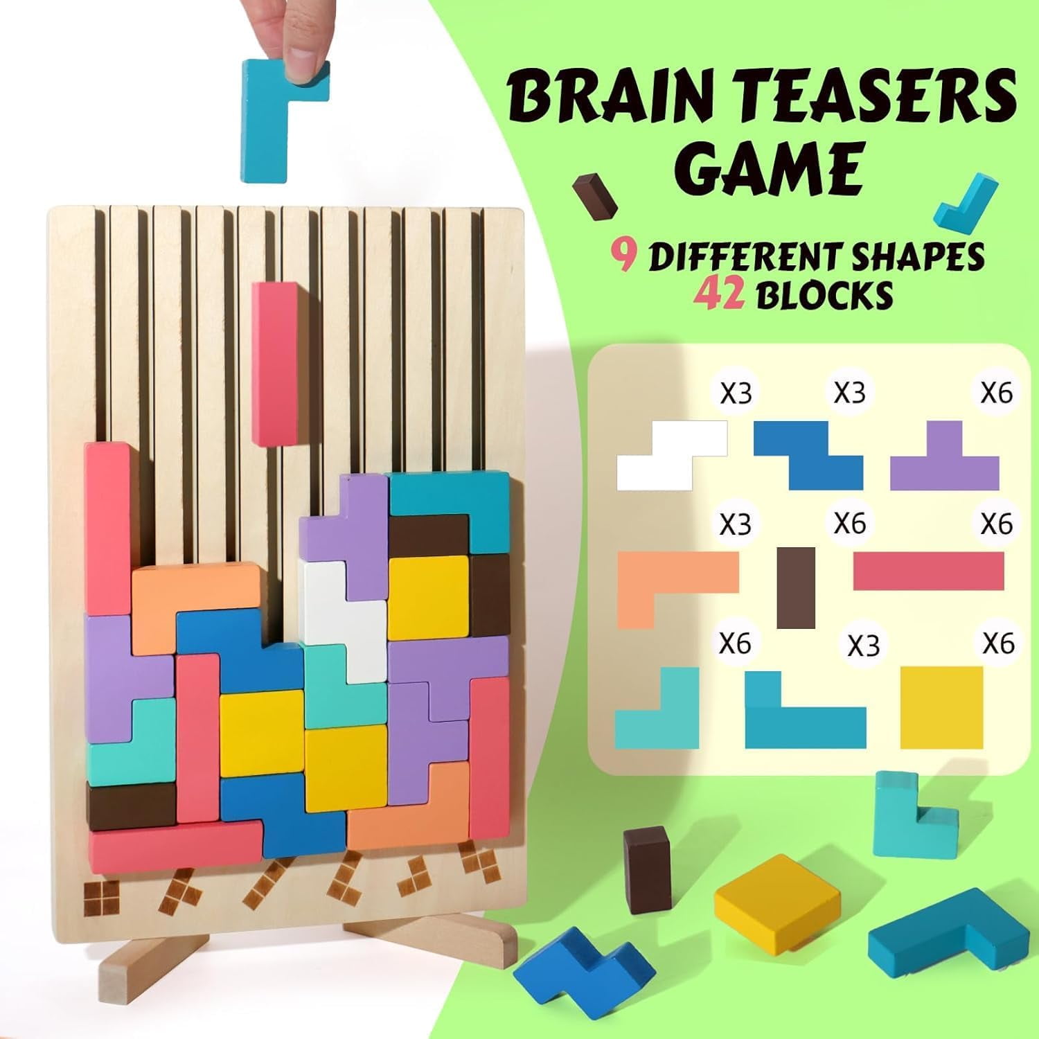 Wooden Colored 3D Russian Block PuzzleToys,  Jigsaw Stacking Montessori Toys Educational Gift, Board Game 10-Card and 42-Piece Puzzle Toys Brain Blocks Teasers for 3-6 Years