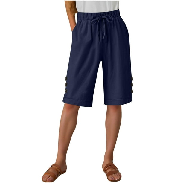 Pantalones de la Cintura Elástica de las Mujeres Medio Pantalones Cortos Botones de la Cintura Elástica de Verano Lino Bolsillos Pantalones, Lino de Algodón
