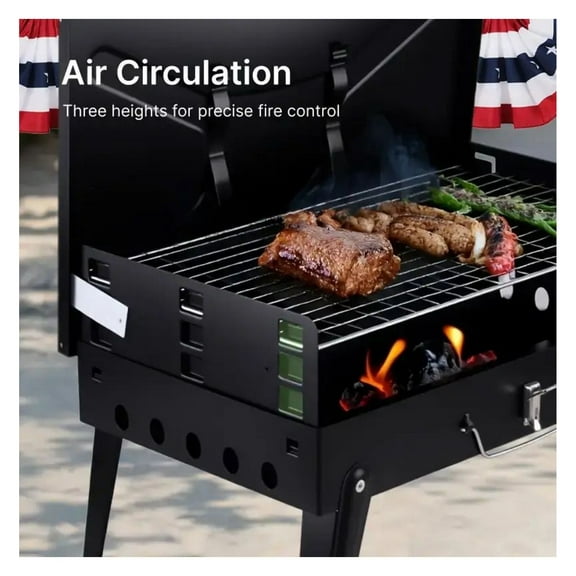 Portable Charcoal Grill - 3-Height Adjustable BBQ for Camping, Tailgating & Picnics - Windproof, Foldable Toolbox Grill with Tool Storage