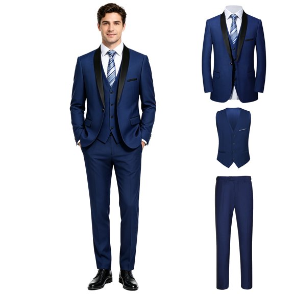 Beauty-Emily Men's Slim Fit Shawl Collar Tuxedo 4-Piece Suit Set, Includes Suit Jacket, Vest, Dress Pants & Necktie, Formal Outfit for Wedding, Prom, Business Banquet & Special Occasions