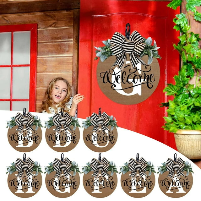YAOMOBB Doorplate Wreath All Year Welcome Door Sign Wreath with Optional Letters Weather Resistant for Balcony Decor