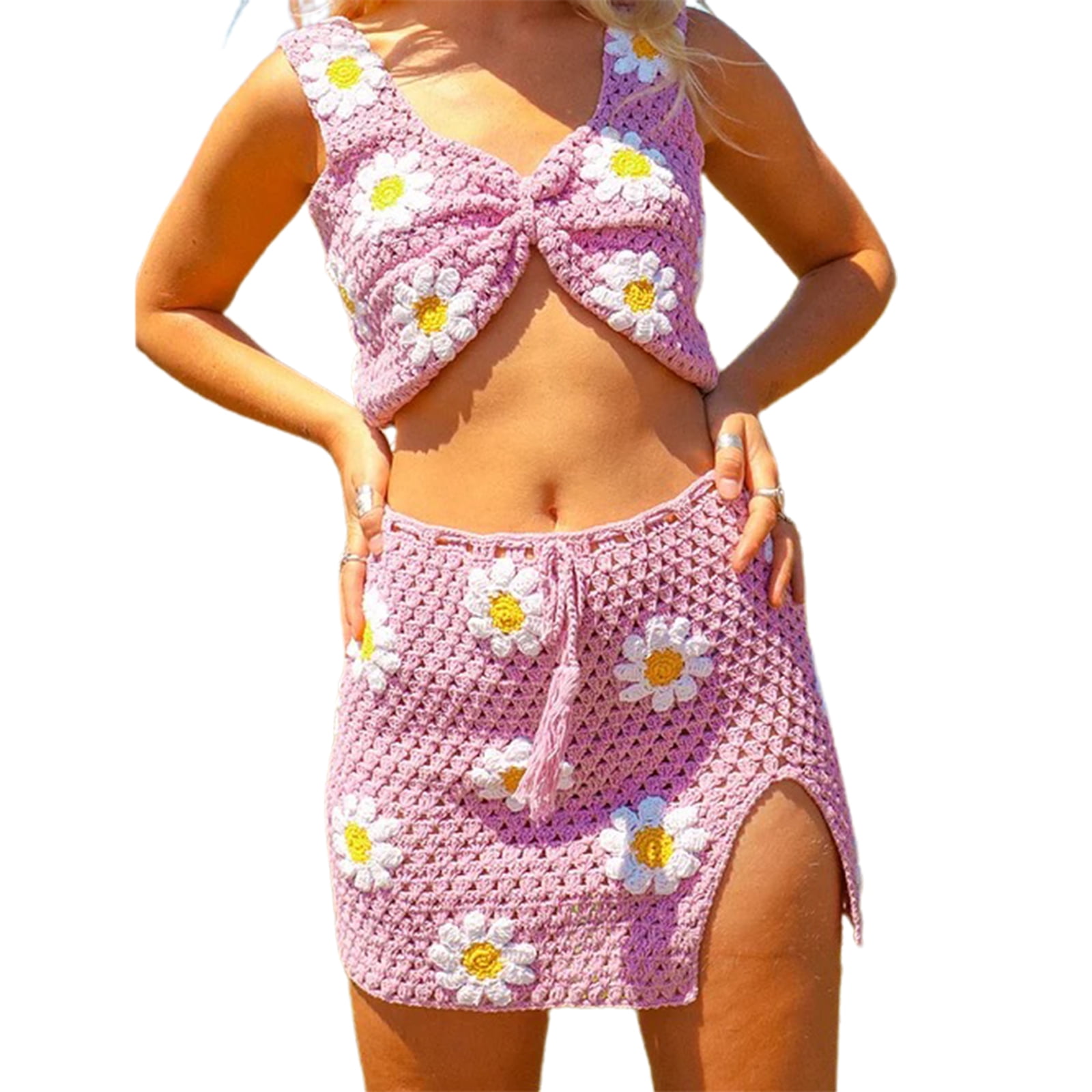 Women Boho Sleeveless Y2K Floral Knitwear Dress Outfits Squre Neck Top+Crochet Drawstring Skirt Sets Summer Dress 