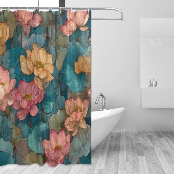 Yayeee Shower Curtain with Hooks 72"x72" Waterproof Fabric Bathroom Hanging Decor, Pink Water Lilies Pattern